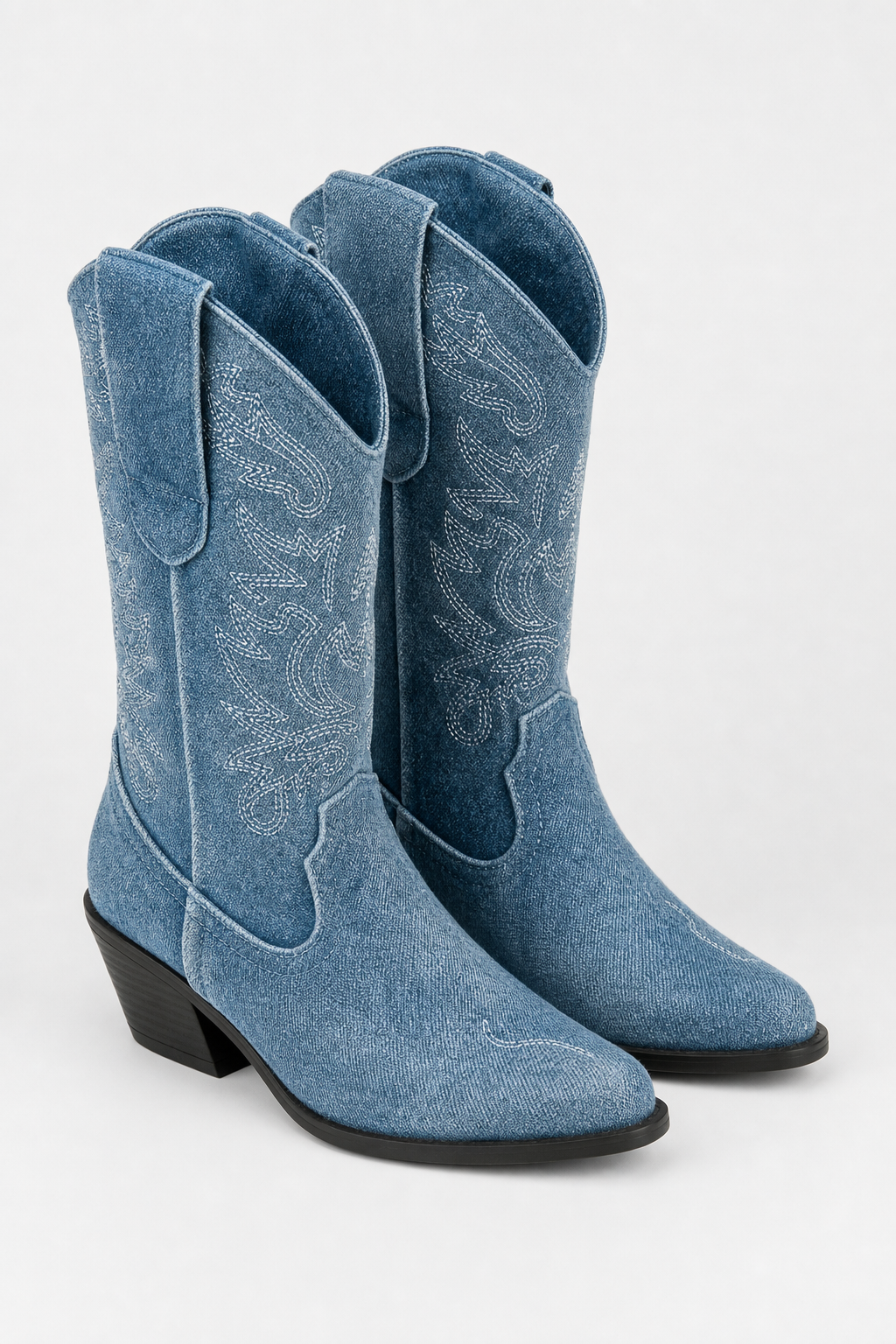 Bottes Santiags en Denim Bleu Délavé Brodées à Talon de 5 cm