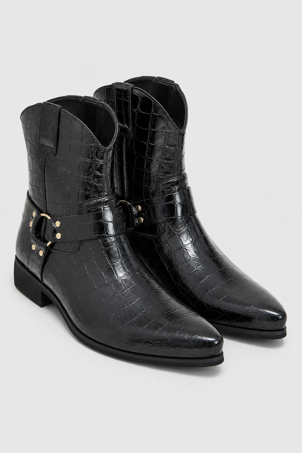 Bottines Homme Noires Façon Croco à Sangle Harnais