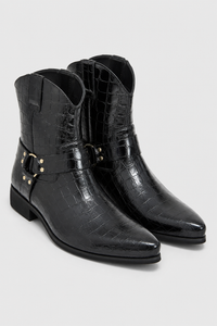 Bottines Homme Noires Façon Croco à Sangle Harnais