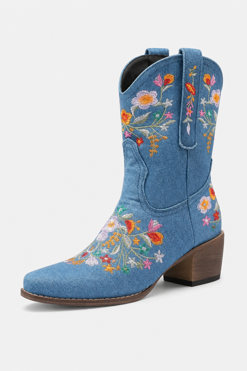 Bottes Santiags en Denim Bleu Clair à Motifs Floraux Brodés