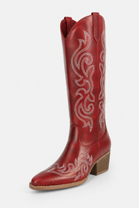 Bottes Santiags en Similicuir Rouge Bordeaux Brodées