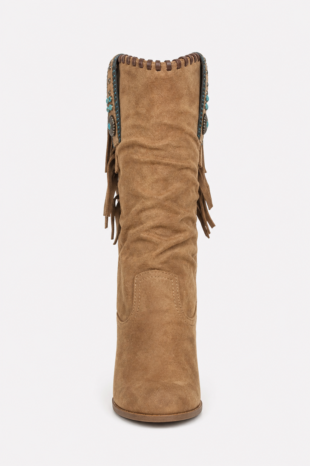 Bottes Western en Daim Camel à Franges Turquoise