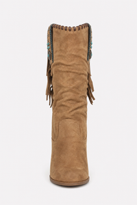 Bottes Western en Daim Camel à Franges Turquoise
