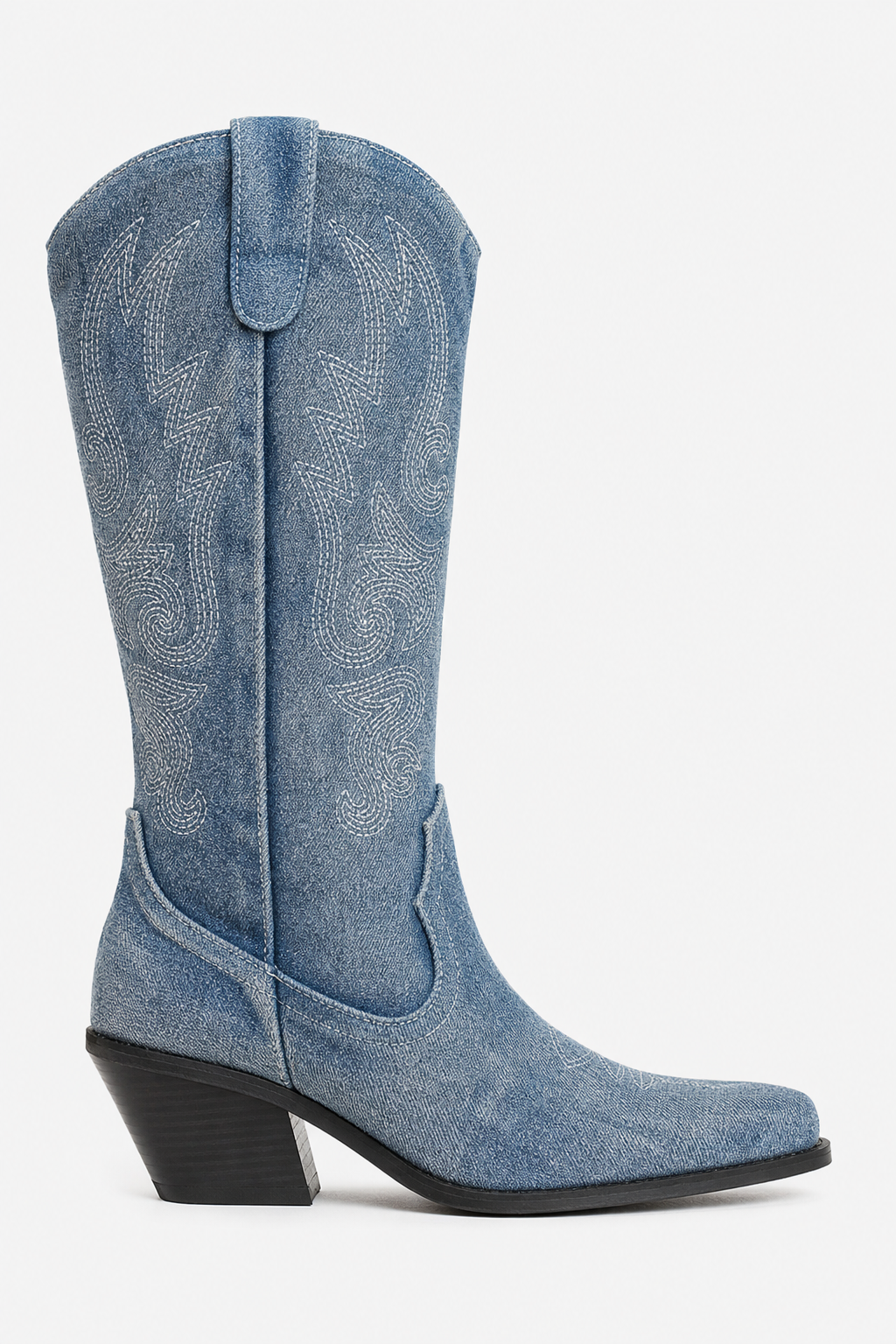 Bottes Santiags en Denim Bleu Délavé Brodées à Talon de 5 cm