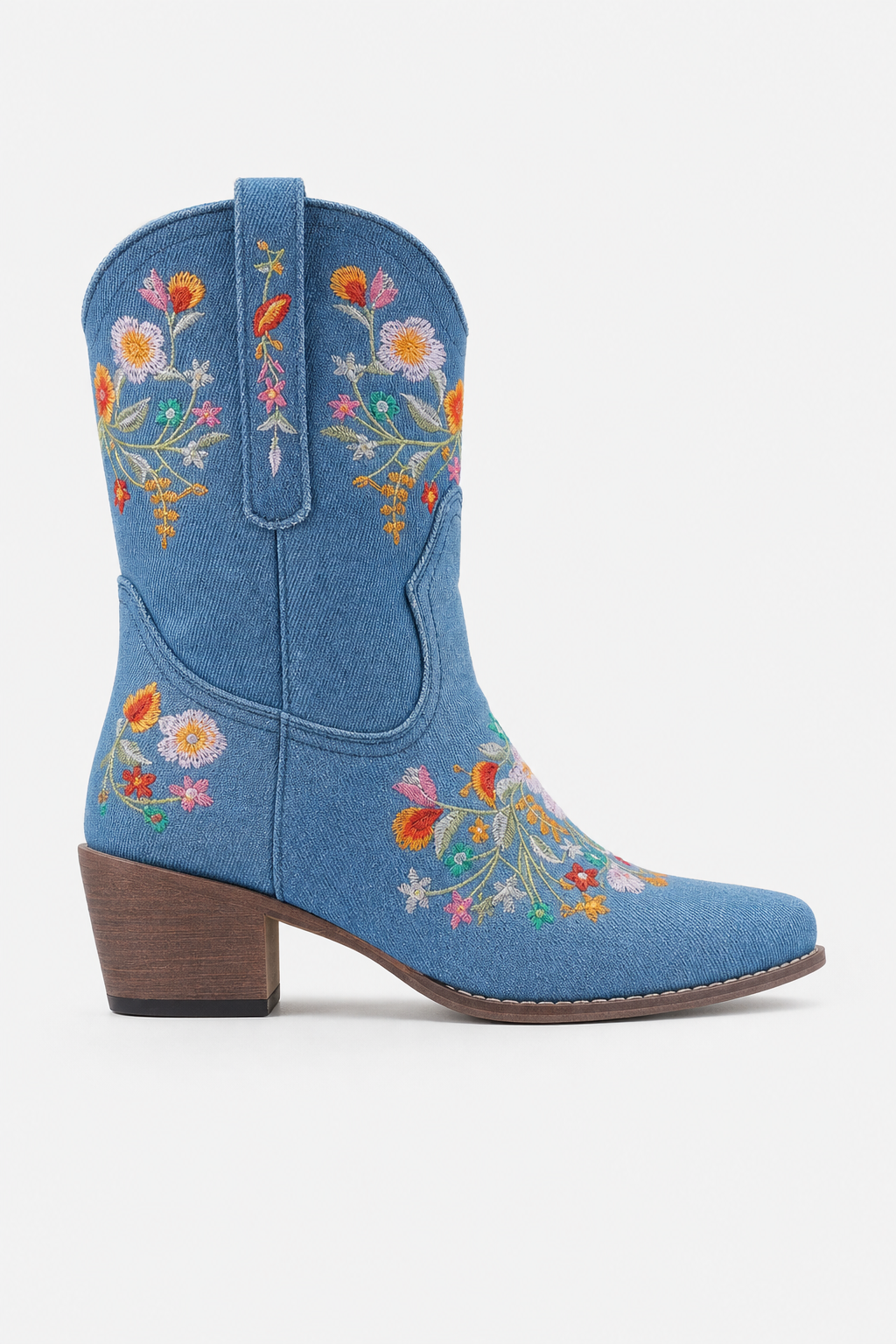 Bottes Santiags en Denim Bleu Clair à Motifs Floraux Brodés