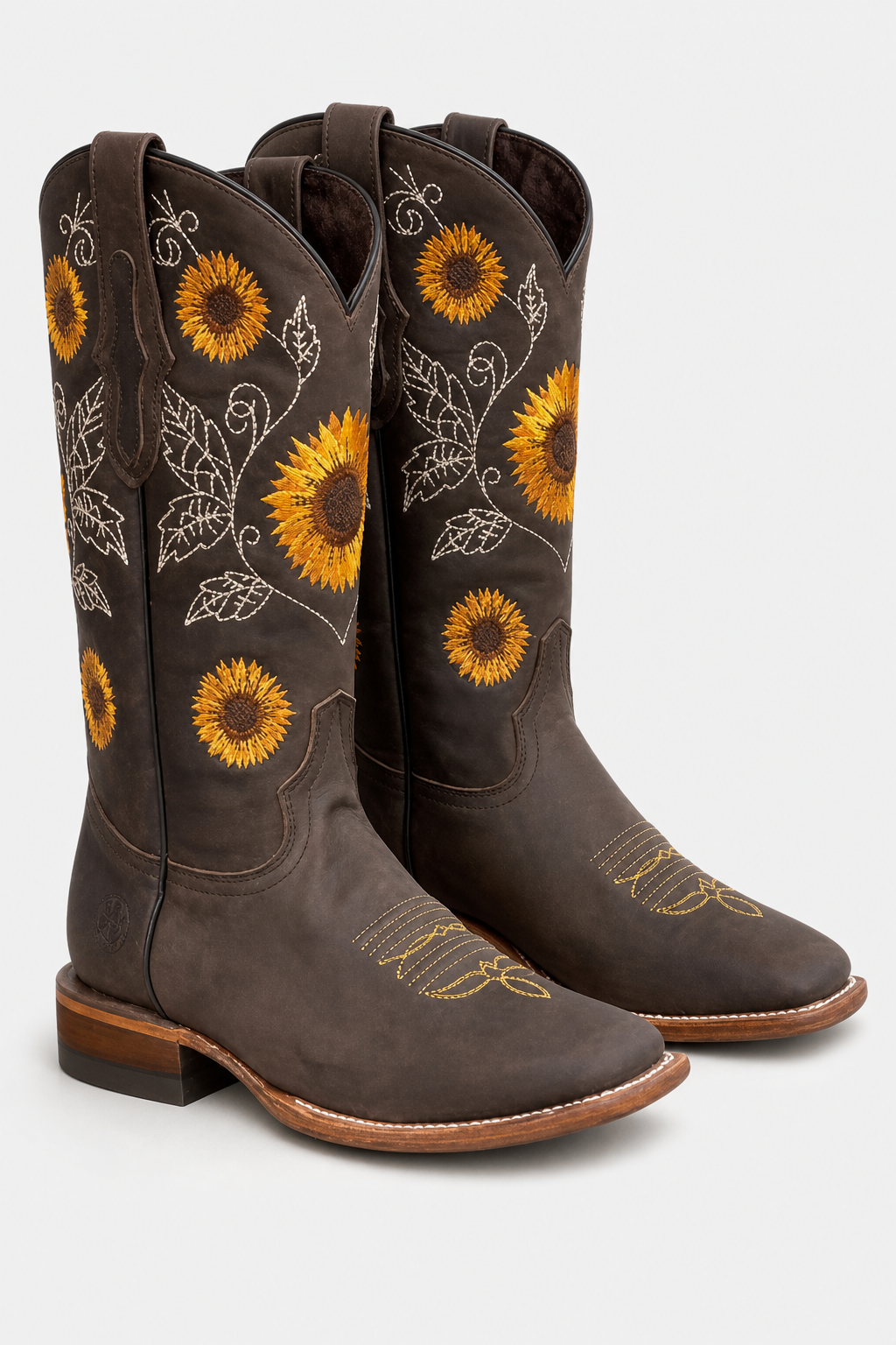 Bottes Santiags Marron Foncé à Broderies Tournesols