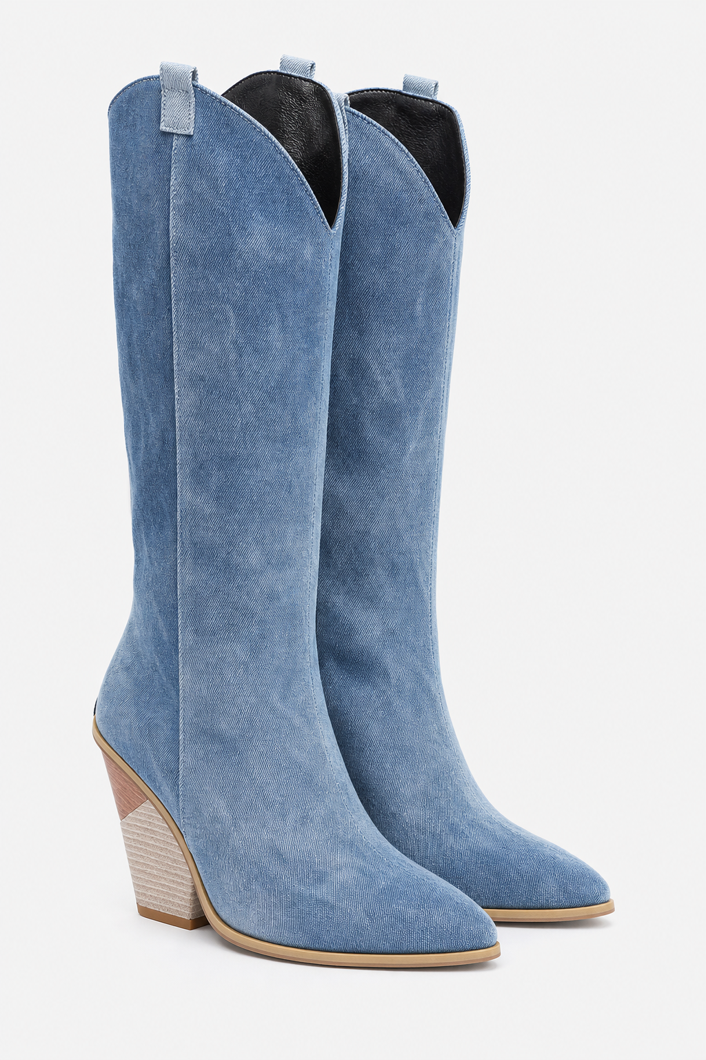 Bottes Santiags en Jean Bleu Lavé à Talon Compensé