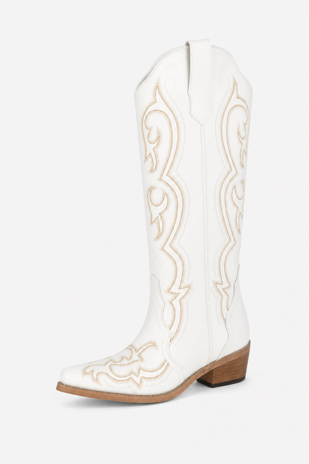 Bottes Santiags Blanches en Similicuir à Broderies Dorées
