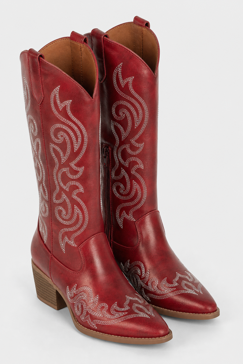 Bottes Santiags en Similicuir Rouge Bordeaux Brodées