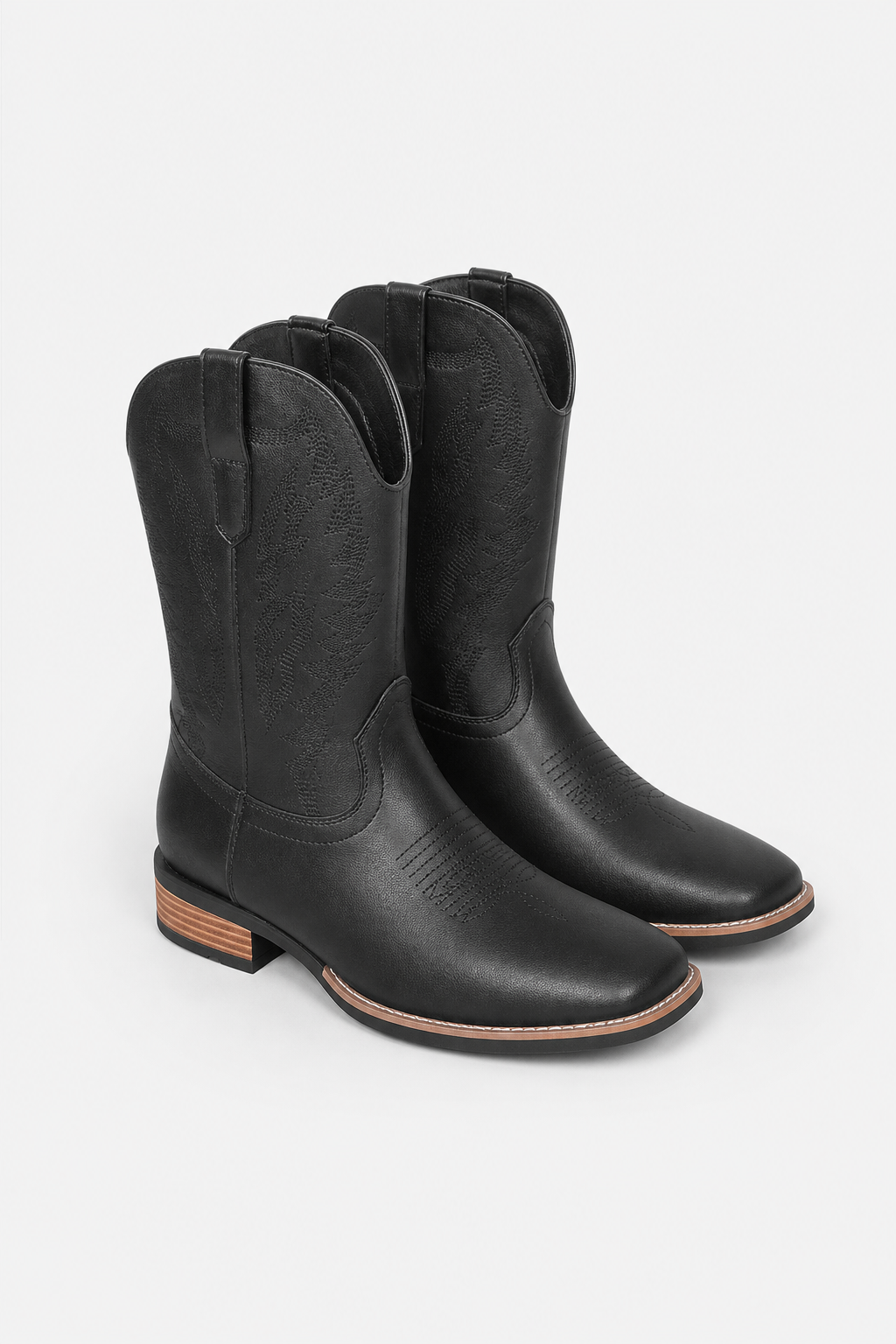 Bottes Santiags en Similicuir Noir à Bout Carré Brodées