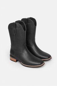 Bottes Santiags en Similicuir Noir à Bout Carré Brodées