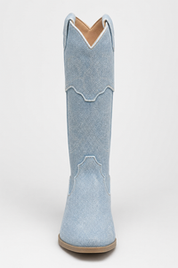Bottes Santiags en Denim Bleu Clair Brodé à Talon 5cm