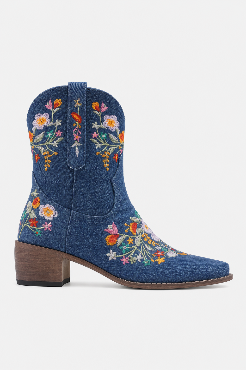 Bottines Santiags en Jean Bleu à Broderies Florales
