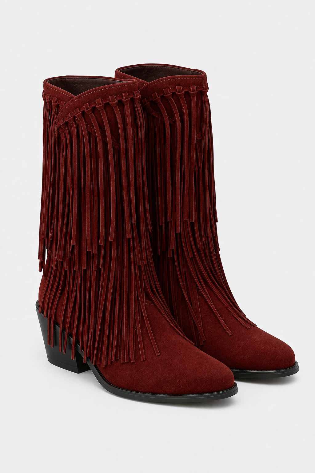 Bottes Mi-Mollet en Suédine Bordeaux à Franges