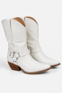 Bottes Santiags Blanches à Effet Croco et Sangle Harnais