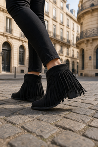 Bottines Bohème en Simili Daim Noir à Franges