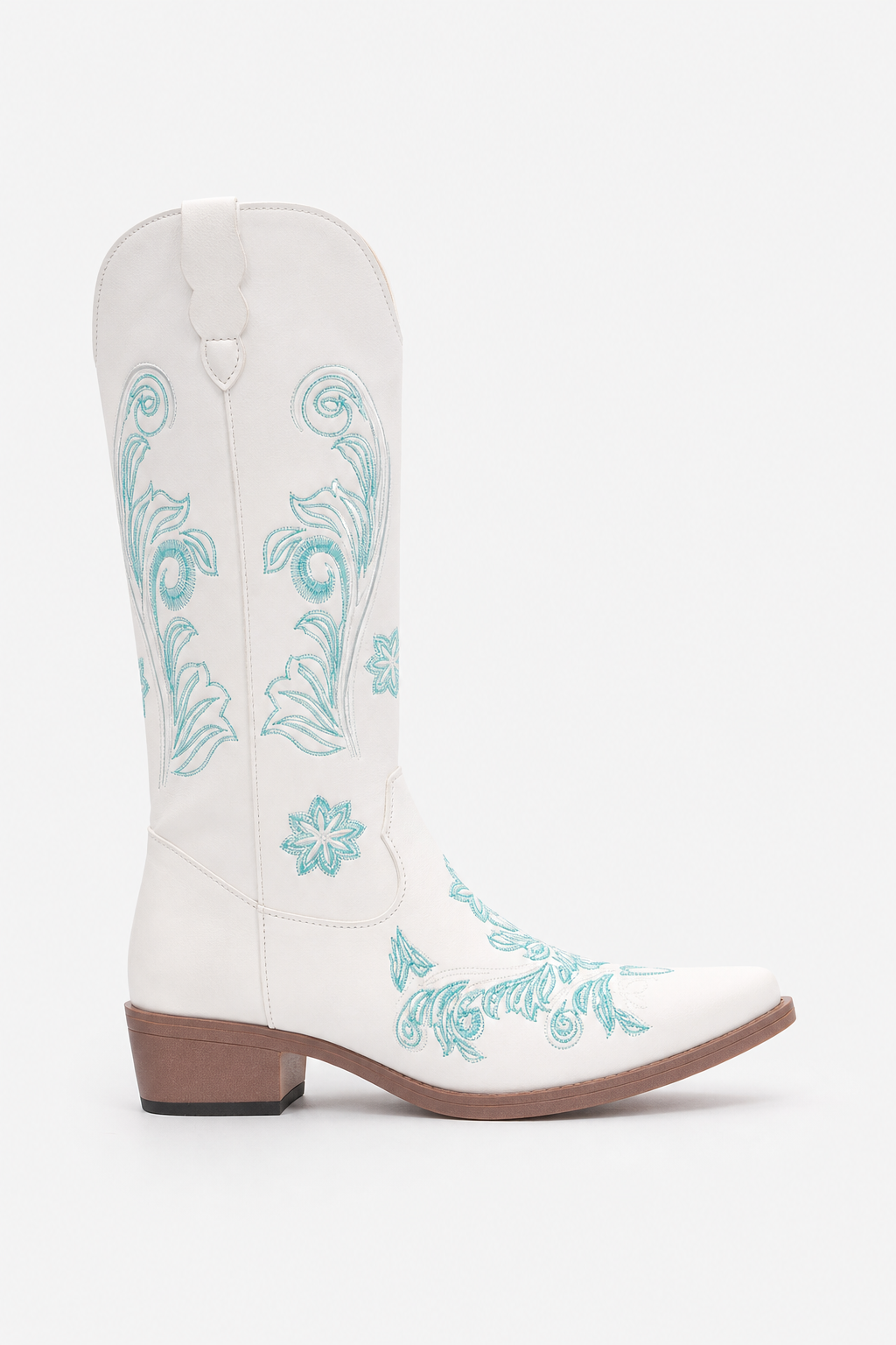 Bottes Santiags Blanches à Broderie Florale Bleu Ciel