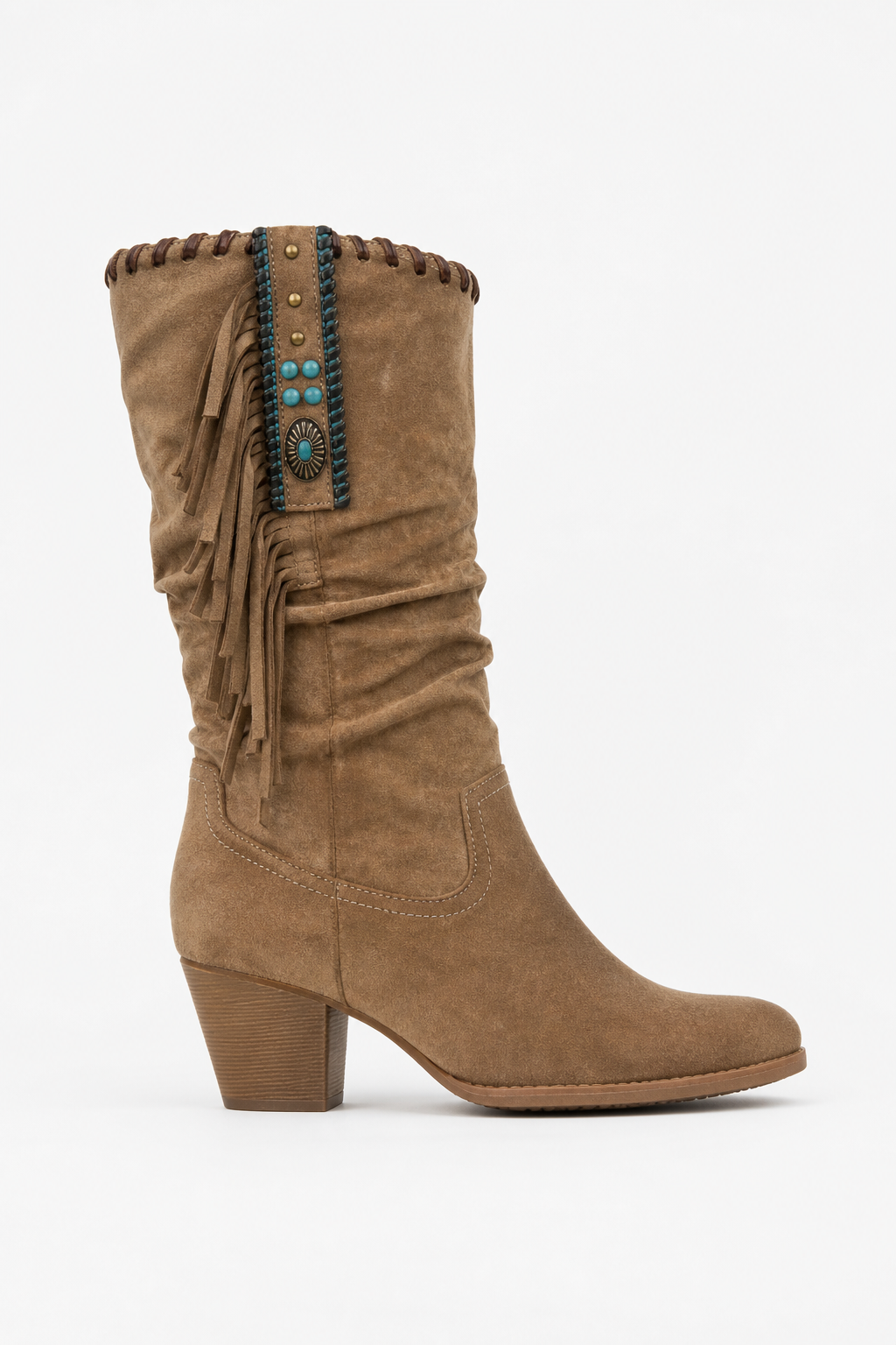 Bottes Western en Daim Camel à Franges Turquoise