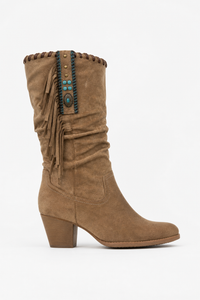 Bottes Western en Daim Camel à Franges Turquoise