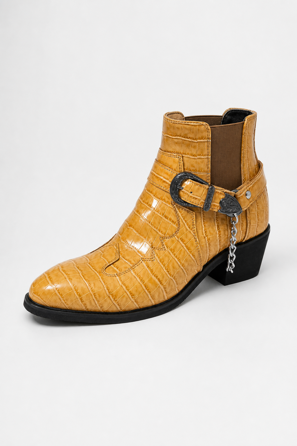 Bottines Santiags Basses Jaune Effet Croco à Chaîne