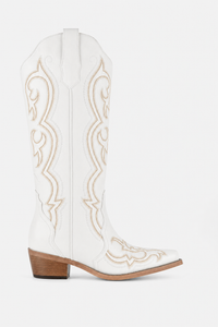 Bottes Santiags Blanches en Similicuir à Broderies Dorées