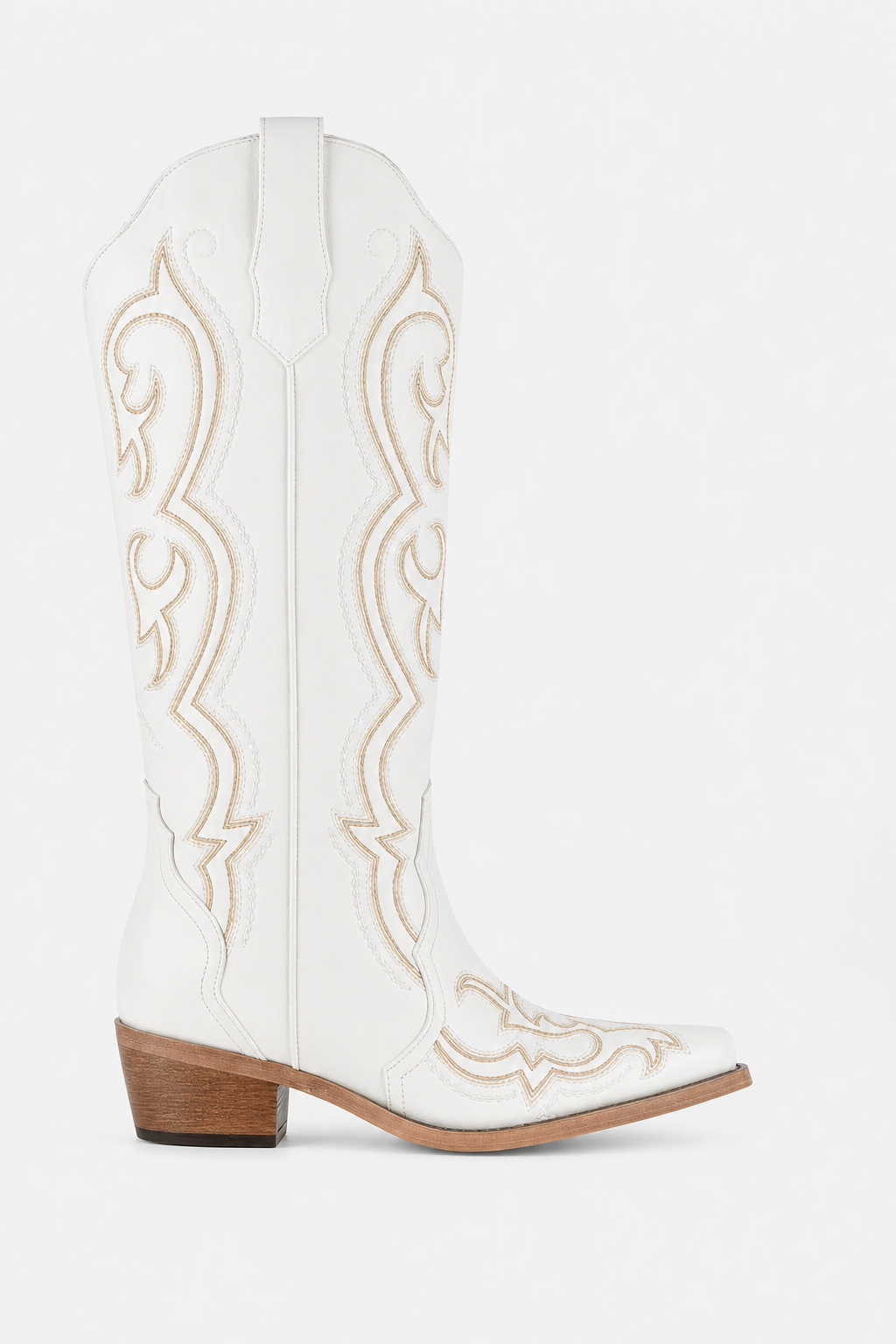 Bottes Santiags Blanches en Similicuir à Broderies Dorées