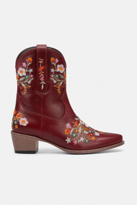 Bottes Santiags en Similicuir Bordeaux à Motifs Floraux