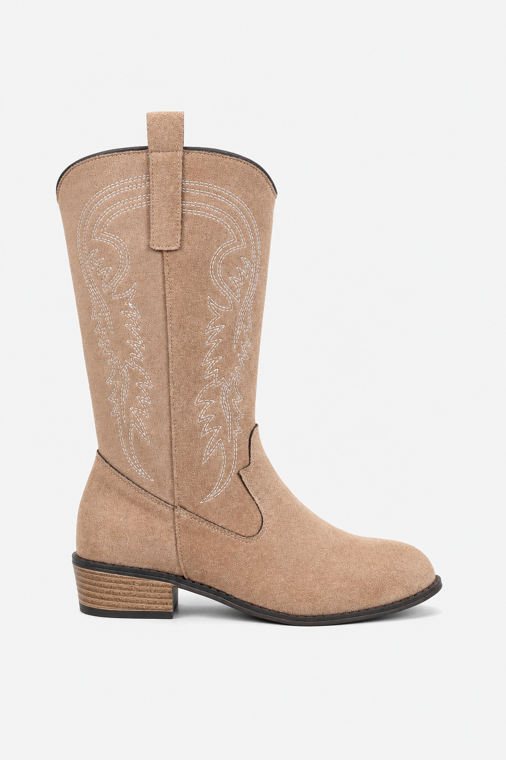 Bottes Mi-Mollet en Daim Beige à Broderies Western