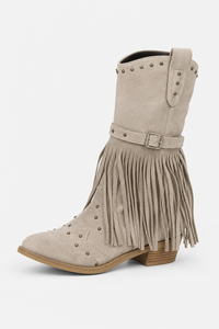 Bottines Western en Daim Beige Clair à Franges et Clous