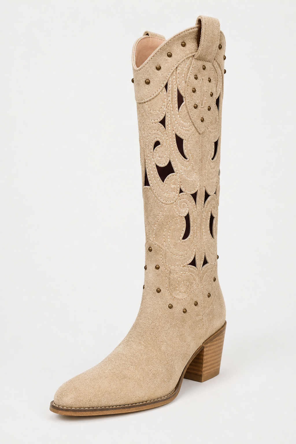 Bottes Santiags en Daim Beige à Motifs Ajourés et Clous