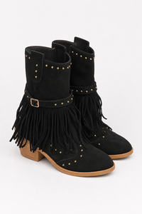 Bottes Western Noires en Daim à Franges et Clous