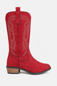Bottes de Cowboy Mi-Hautes en Daim Rouge à Broderies Western