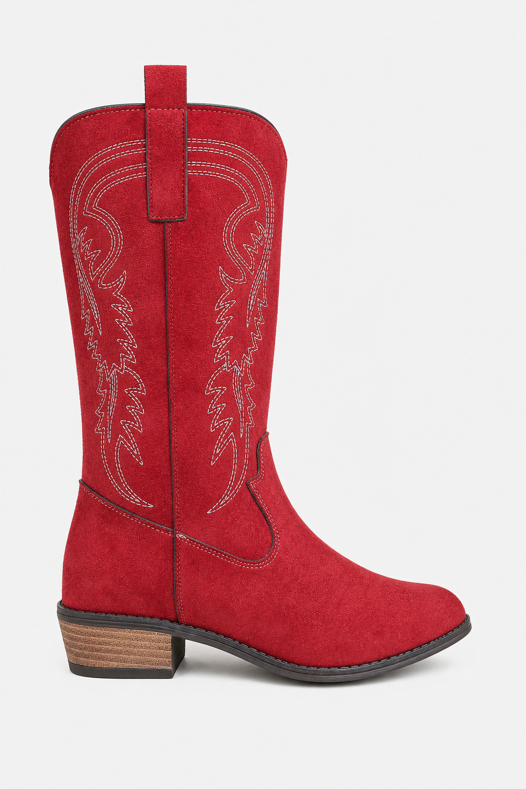 Bottes de Cowboy Mi-Hautes en Daim Rouge à Broderies Western