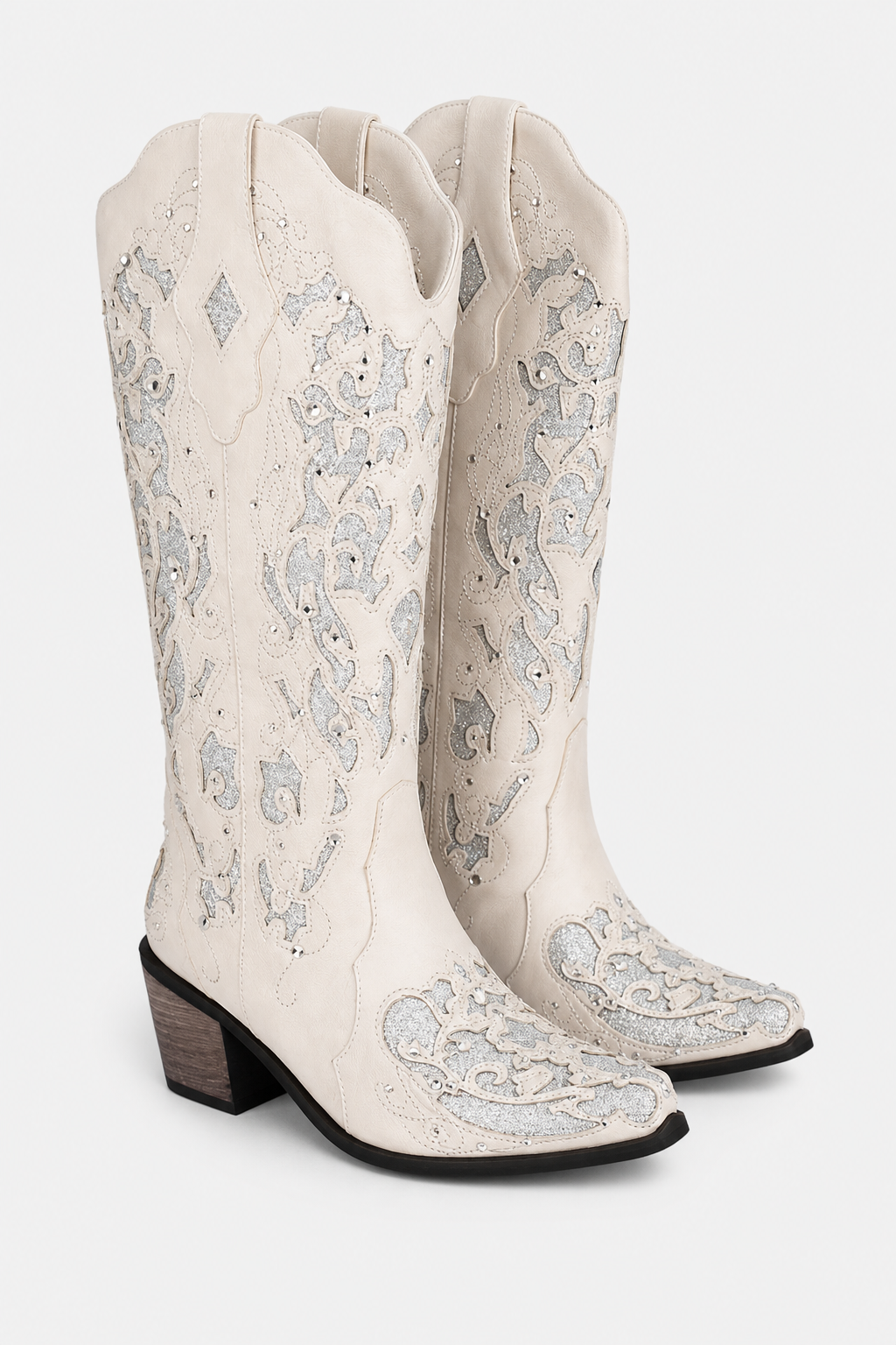 Bottes Western Crème à Broderies Argentées Brillantes