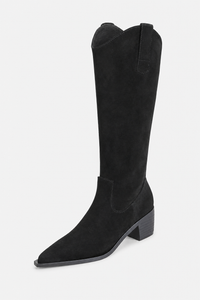 Bottes Santiags Hautes en Daim Noir à Bout Pointu