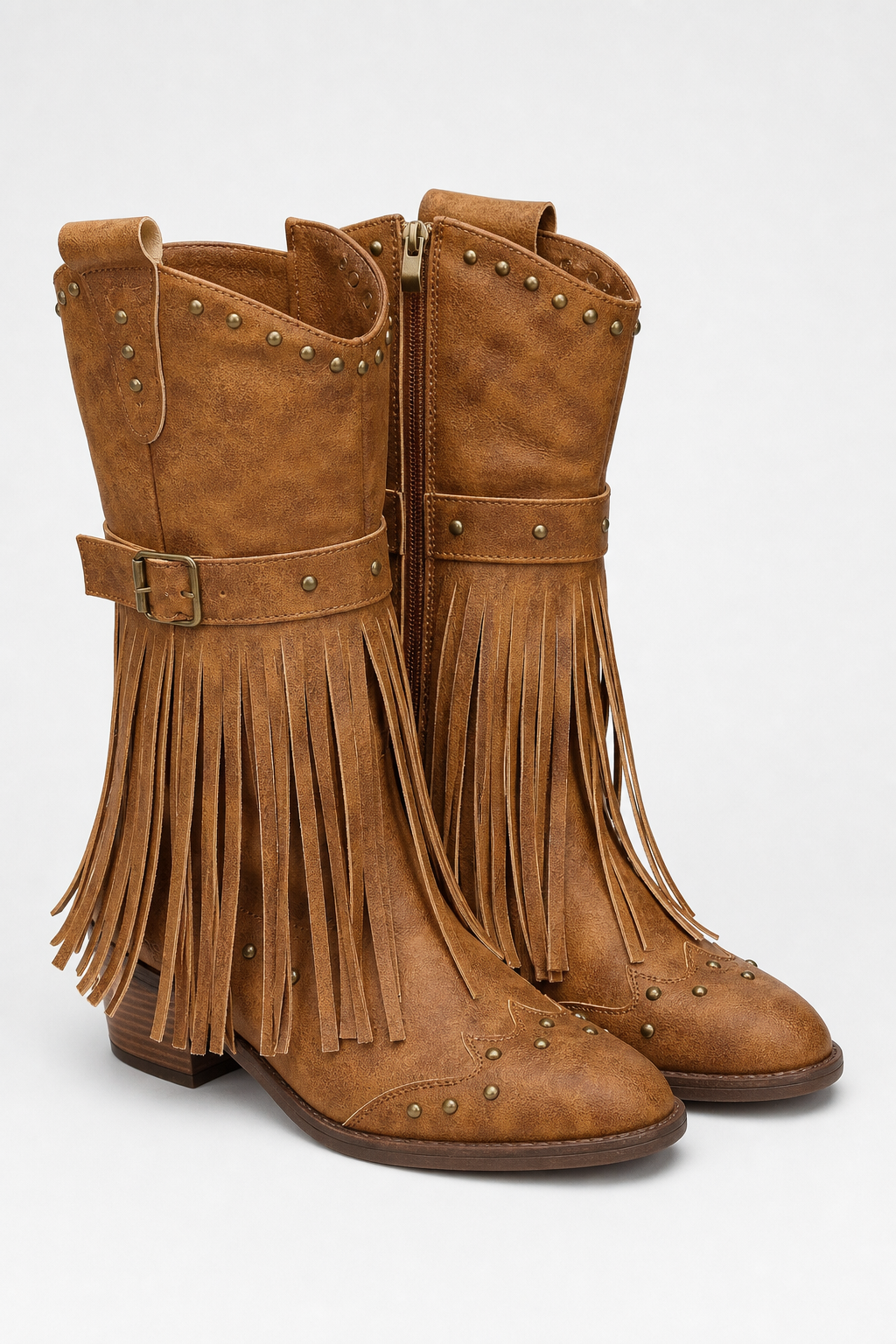Bottes Santiags en Similicuir Brun à Franges et Clous