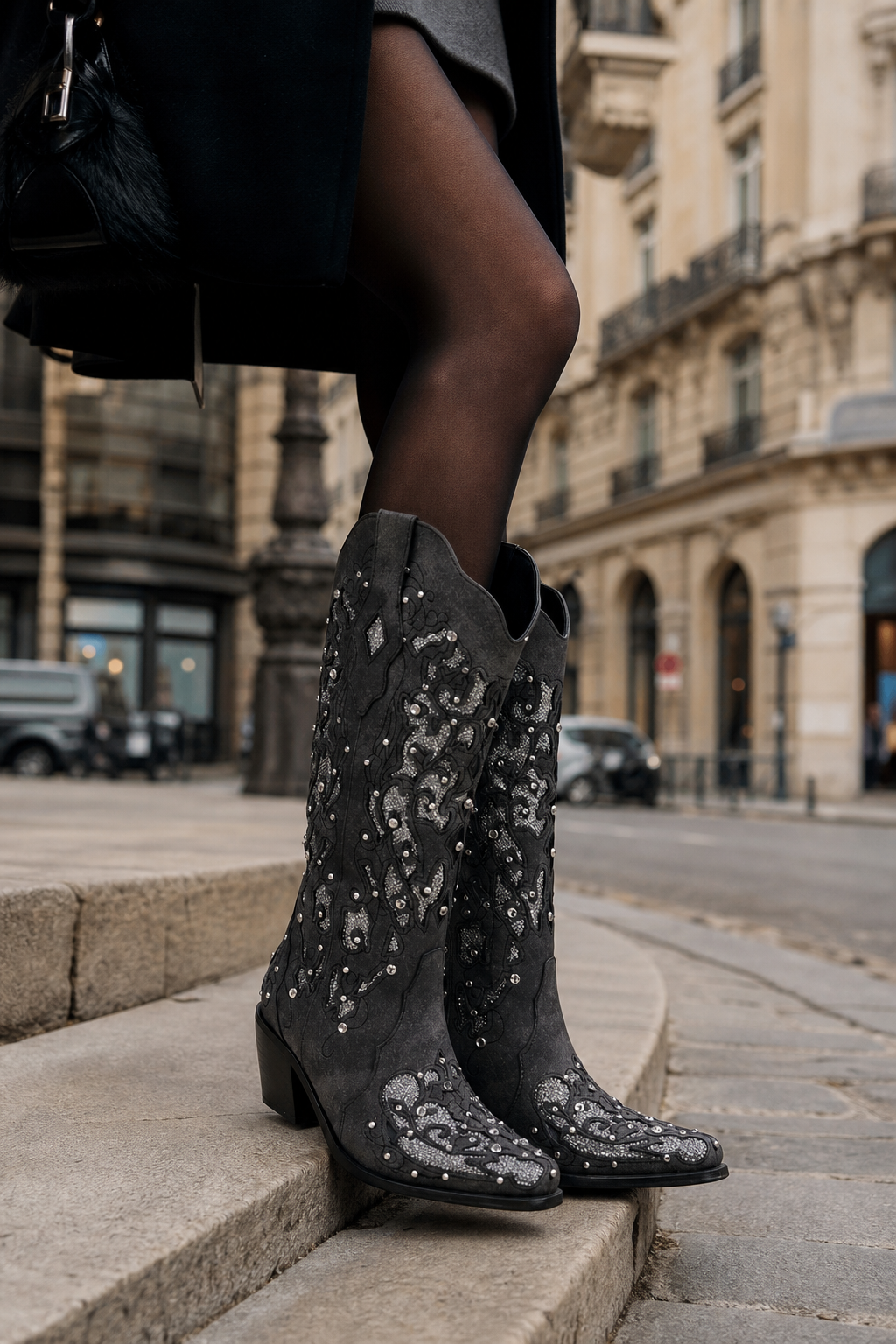 Bottes Santiags Grises en Daim à Motifs Brodés et Strass