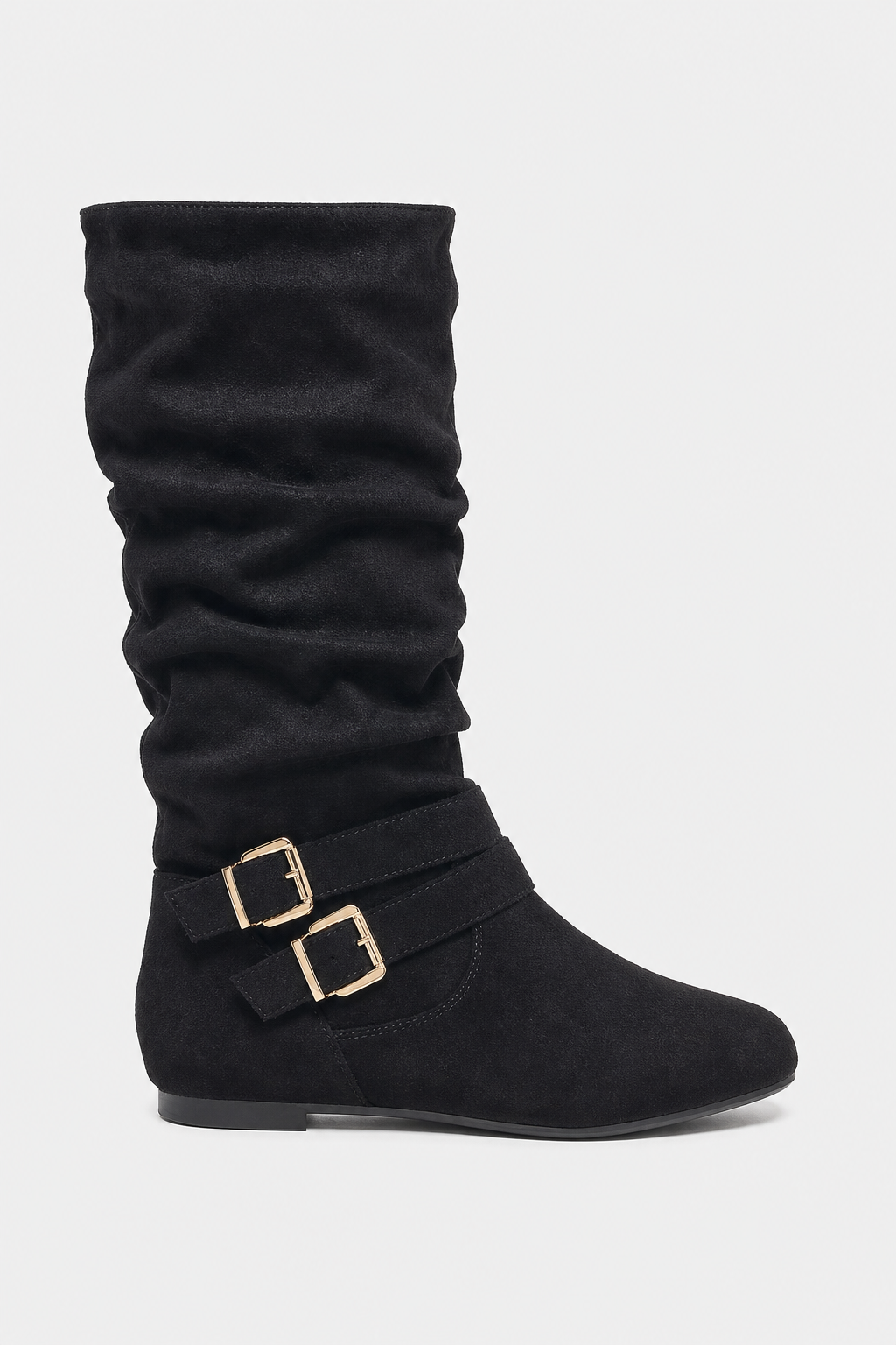 Bottes sans Talon en Daim Noir Plissée à Boucles Dorées
