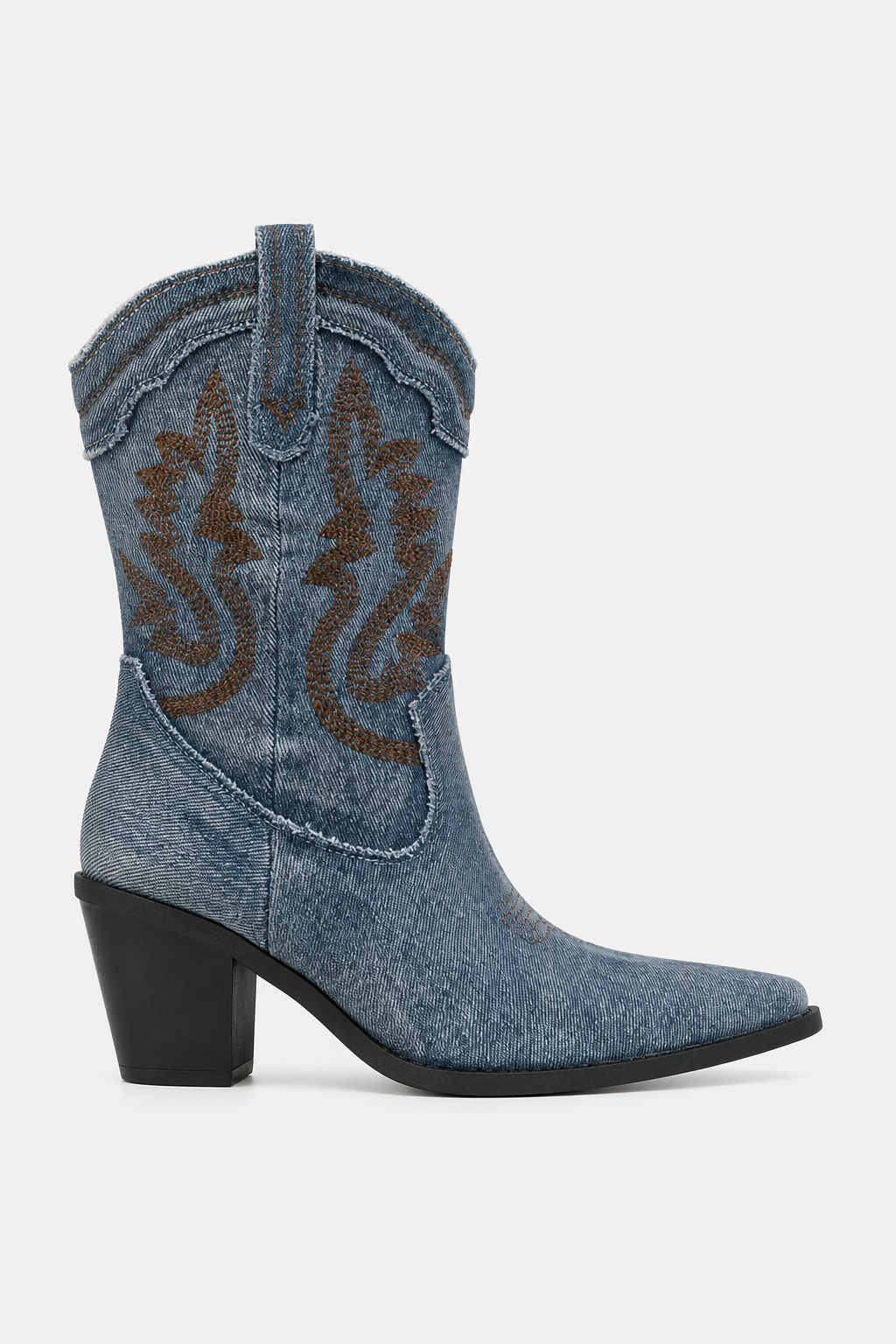 Bottes Santiags en Jean Bleu à Broderies Marron