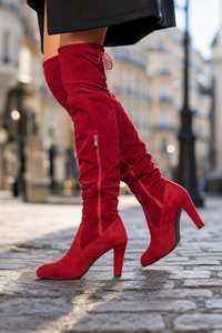 Bottes Cuissardes en Suédine Rouge à Talon Carré