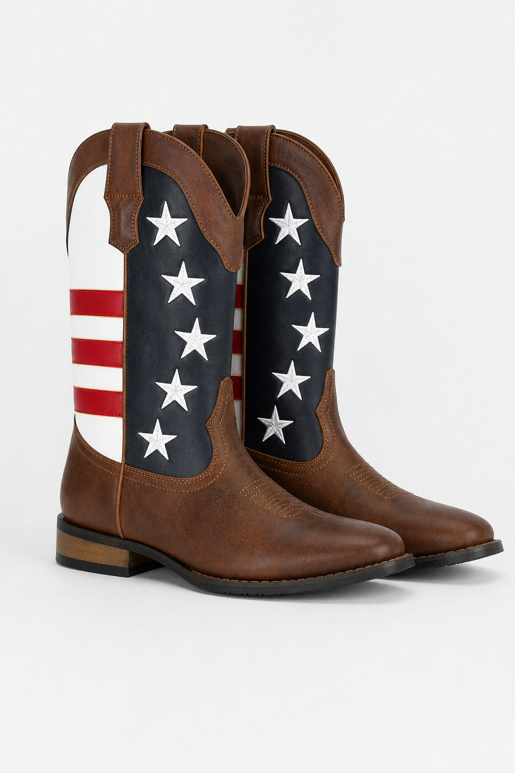 Bottes Western en Similicuir Marron et Drapeau US