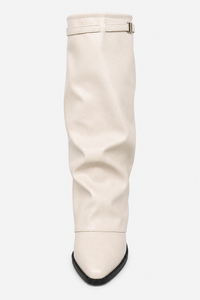 Bottes Mi-Mollet Tombantes en Similicuir Crème
