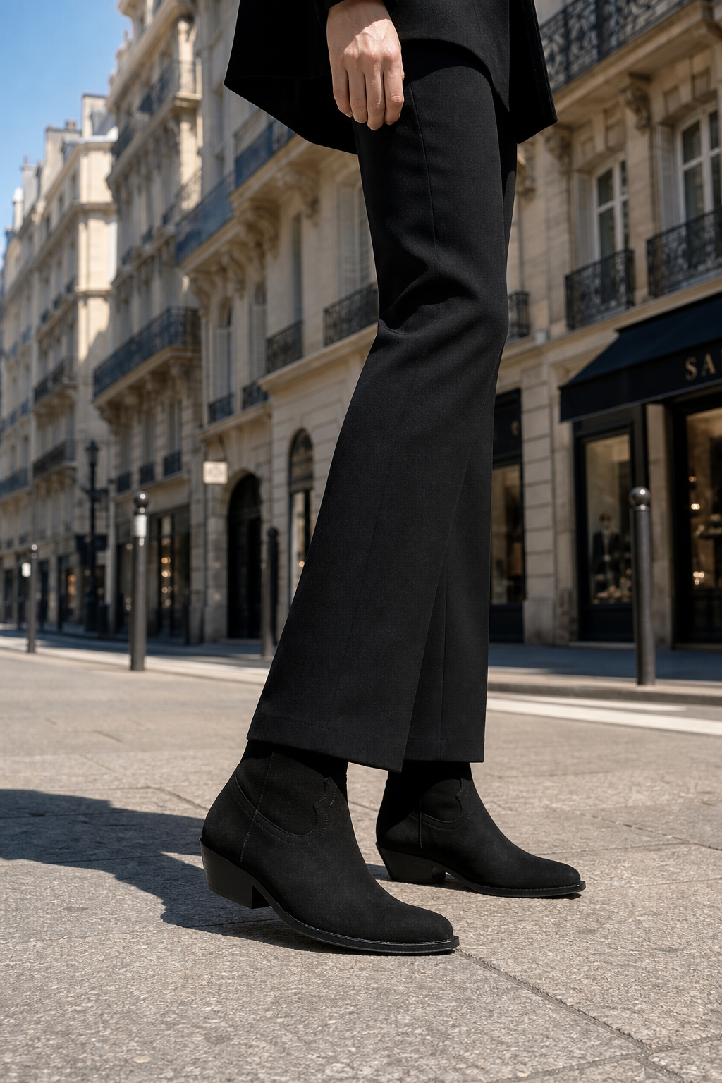 Bottines Santiags en Daim Noir à Talon Cubain