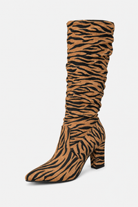 Bottes Hautes Froissées en Simili Daim à Motif Tigre