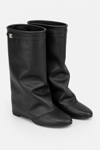 Bottes Mi-Mollet Plissées Noires à Bout Pointu
