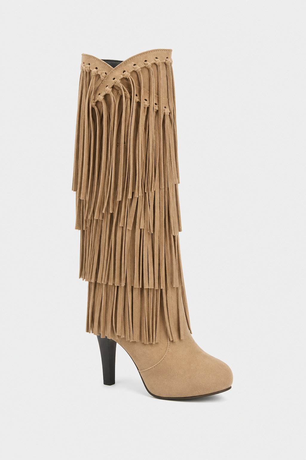 Bottes Hautes en Daim Beige à Franges et Talon