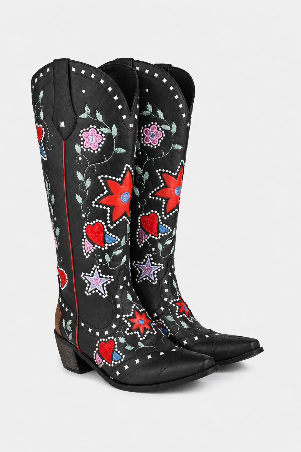 Bottes Santiags Noires à Broderies Étoiles et Fleurs