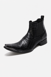Bottines Homme Noires Façon Croco à Bout Pointu Métal