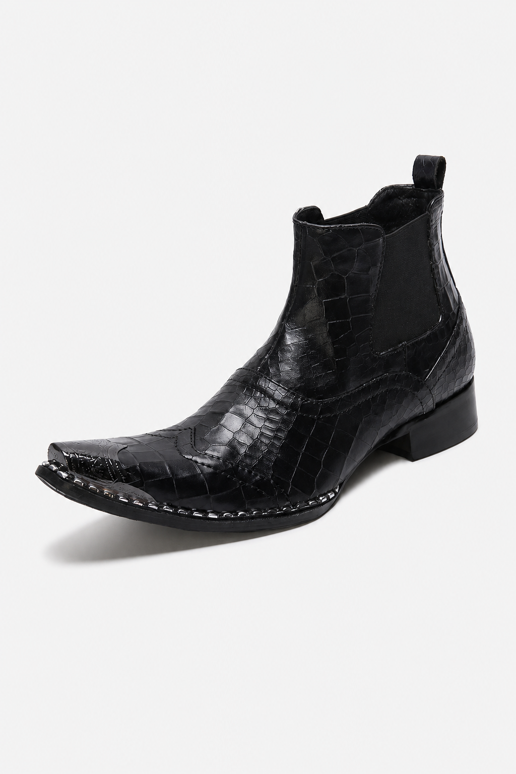 Bottines Homme Noires Façon Croco à Bout Pointu Métal