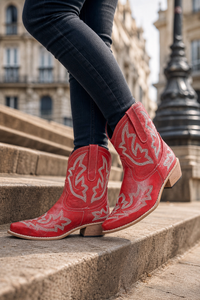 Bottines Santiags Rouges en Similicuir avec Broderies
